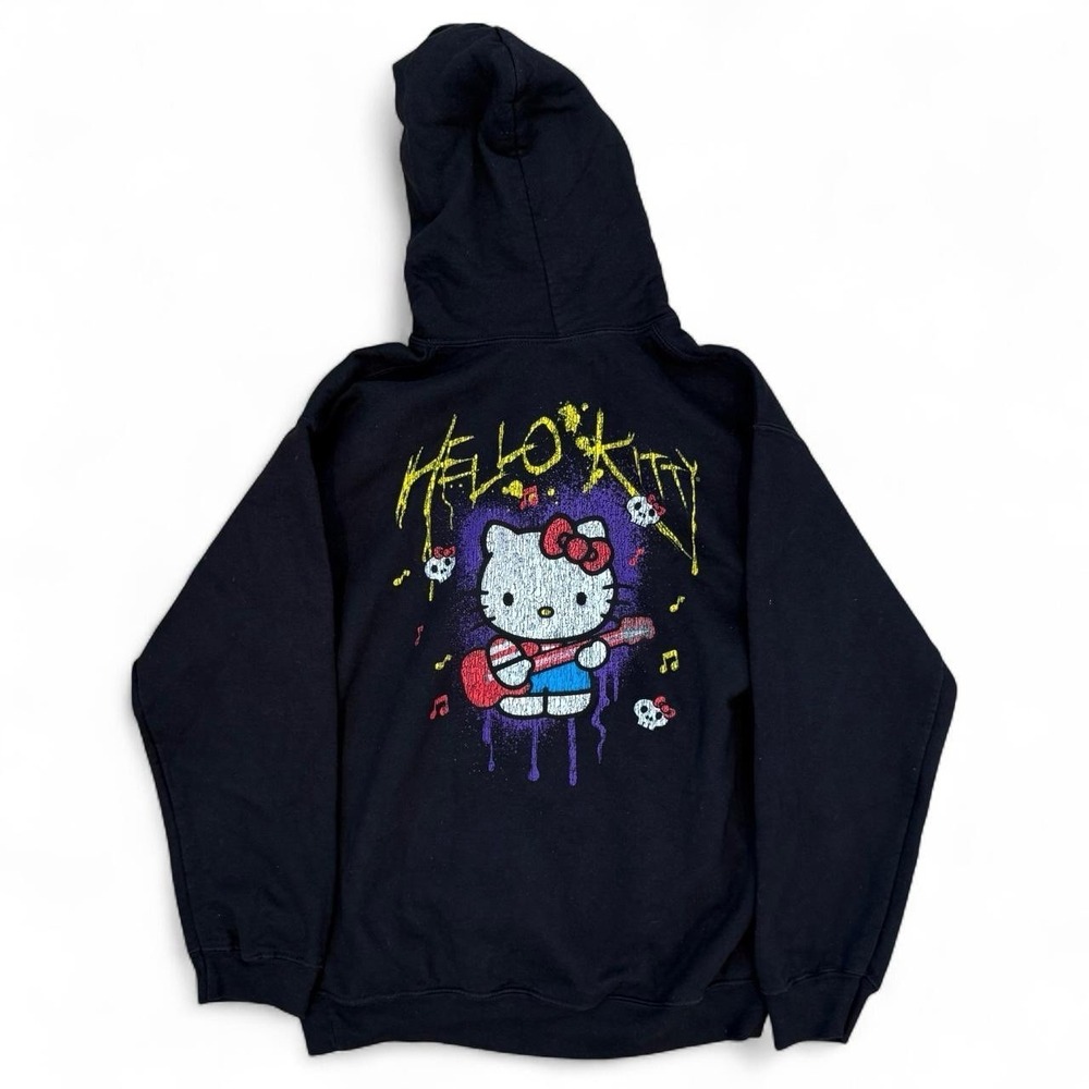 Hello Kitty Punk Black Pullover Hoodie Women's Size Medium Pockets Drawstring